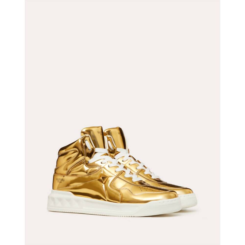 NEW VALENTINO men's stud mirror effect synthetic fiber mid-top sneakers in gold - Picture 2 of 6